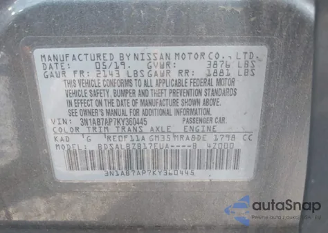 2019 Nissan Sentra S from USA, damaged, VIN 3N1AB7AP7KY360445